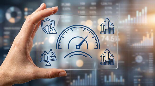 Hand Holding Transparent Digital Glass Screen Featuring Business Performance Dashboard Icons and Financial Data Charts Blurred Background Concept