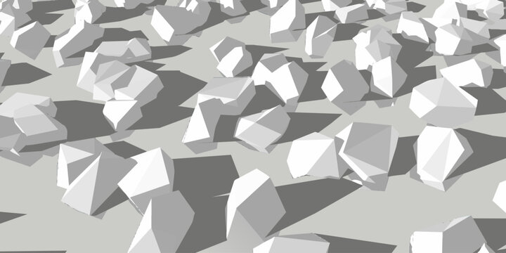 Abstract background featuring scattered white low poly geometric shapes on a light grey surface white blocks scattered objects geometric pattern minimalist design 3D rendering polygonal shapes