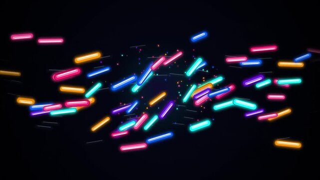 Dynamic neon sprinkle shapes flowing across a dark background in a vibrant motion graphics loop