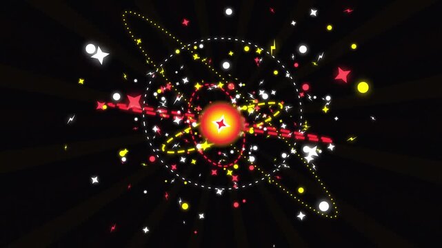 Futuristic low poly orbital space station rotating around a glowing star in deep starry galaxy
