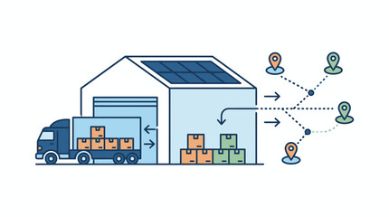 Obraz premium Professional of Solar Powered Warehouse with Delivery Truck and GPS Tracking for Logistics with high quality professional line art symbols for modern creative design and digital branding projects