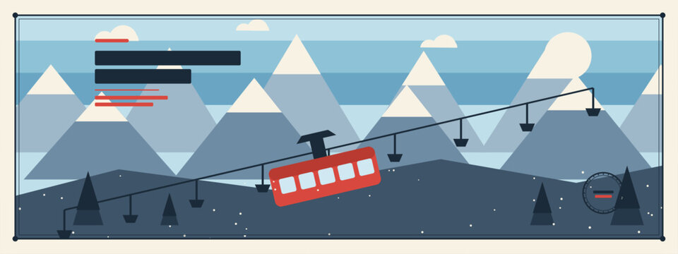 Alpine funicular railway poster with red mountain tram climbing snowy peaks and pine slopes, retro headline placeholder, ultra wide vector print
