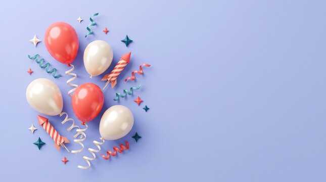 Colorful party balloons and confetti on a light blue background