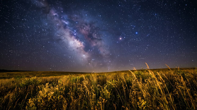 Starry night sky over golden wheat field