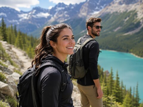 Gl&uuml;ckliches Wanderpaar mit Rucks&auml;cken genie&szlig;t den Blick auf einen t&uuml;rkisfarbenen Bergsee und die majest&auml;tischen Rocky Mountains w&auml;hrend eines aktiven Kanadaurlaubs.
