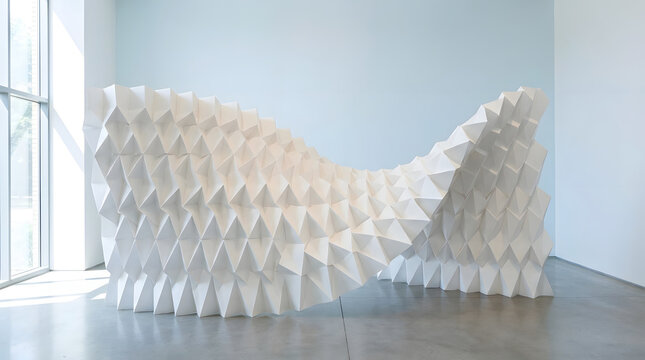 White geometric sculpture rests against a wall in a bright gallery space