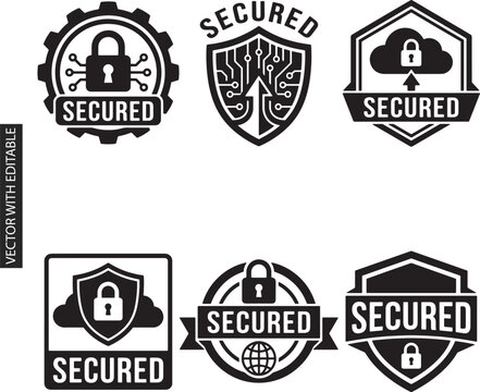 Secured data shield set with cloud connection padlock and circuit board graphics in monochrome black vector labels for cybersecurity branding resources.