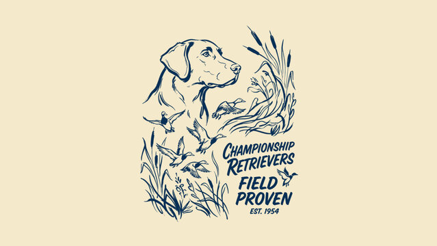 Vintage Style Duck Hunting Illustration Featuring a Labrador Retriever Dog Head Profile with Flying Mallards and Marsh Grass Reeds, Championship Retriever Field Proven Graphic Design.