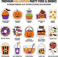 Fototapeta premium Halloween Party Food and Drinks Minimal Flat Vector Stickers with Transparent Background
