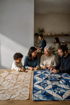 Family collaborating on blue and cream patchwork quilts