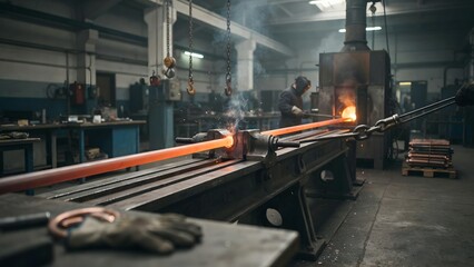 Fototapeta premium Metalworker wearing protective gear shaping glowing hot metal rod in industrial factory