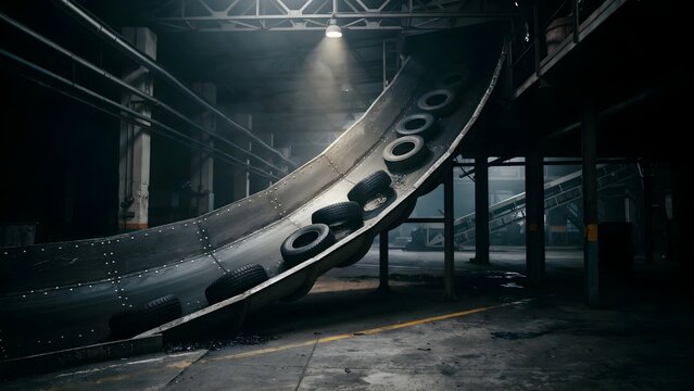Abandoned roller coaster in dark industrial indoor amusement park setting