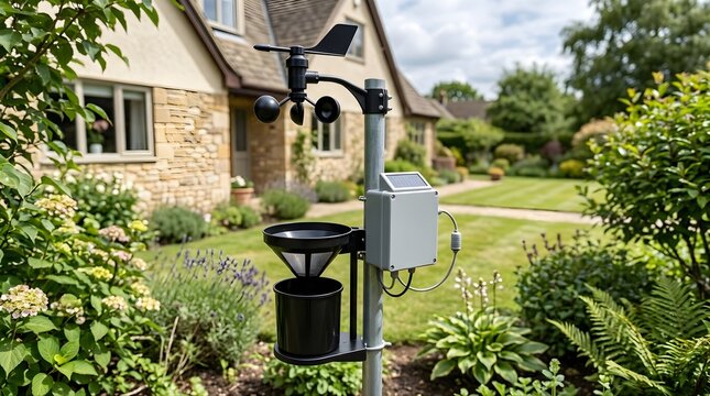 Professional digital weather station in a lush residential garden