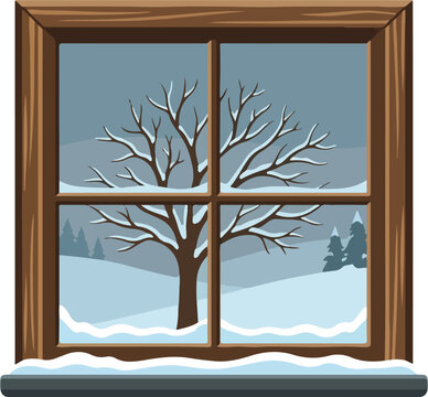 A wooden window frames a serene view of a snowy landscape featuring bare branches and distant pines during the freezing month of January while frost covers the entire sill outside completely