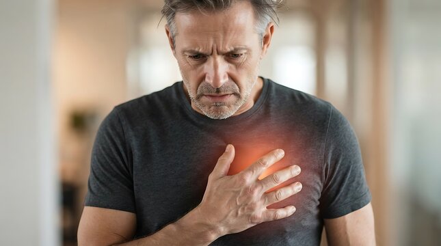 Mature man clutching chest in sudden discomfort, medical emergency expression