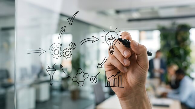 Business professional drawing a creative strategy and innovation concept on a glass wall in the office.
