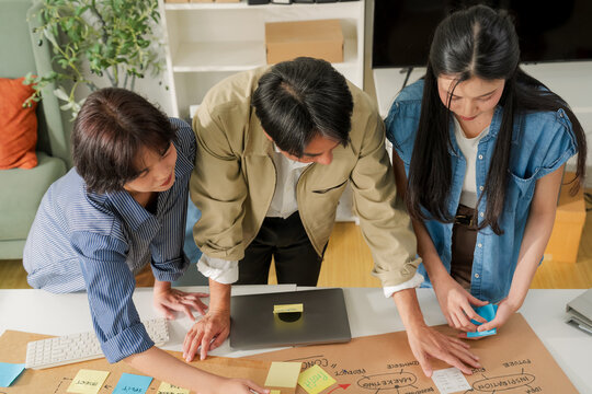 Overhead view of team huddled around mind map brainstorming session, colleagues analyzing business strategy chart on desk, collaborative planning and idea mapping concept