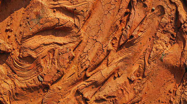 Top view of cracked red clay soil texture with patterns