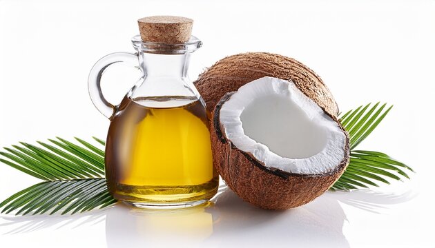 virgin coconut oil with coconut shell healthy coconut oil and opened coconut isolated on white background