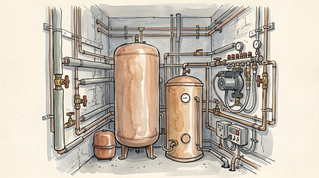 Central heating plant room illustration showing copper boilers pumps and piping network.