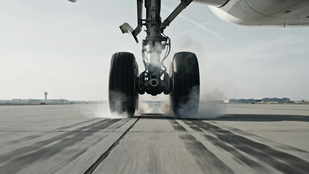 Close-up of airplane landing gear touching runway surface during descent