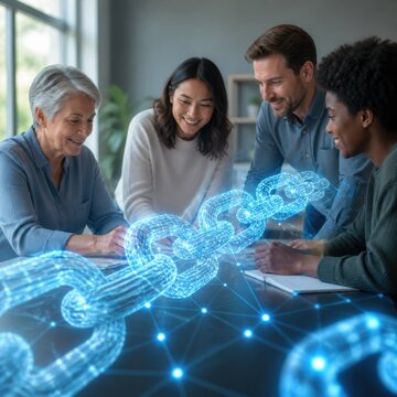 Team collaborating around a glowing digital blockchain