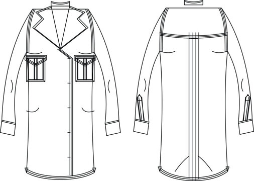 Technical flat sketch of long-sleeve coat with notched lapel and flap pockets