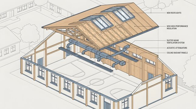 Large scale school hall building thermal retrofit diagram with ventilation and skylights added.