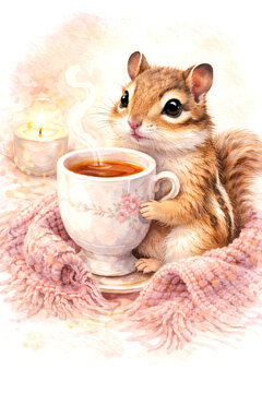 Cute chipmunk holding a warm cup of coffee with a candle and soft blanket. Watercolor illustration of a cozy animal in winter setting. Concept of comfort and relaxation at home.
