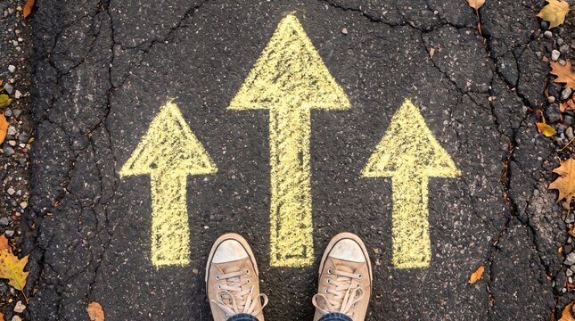 Person in sneakers standing before three yellow chalk arrows on cracked asphalt, symbolizing career path, direction, and future decision-making during autumn season.