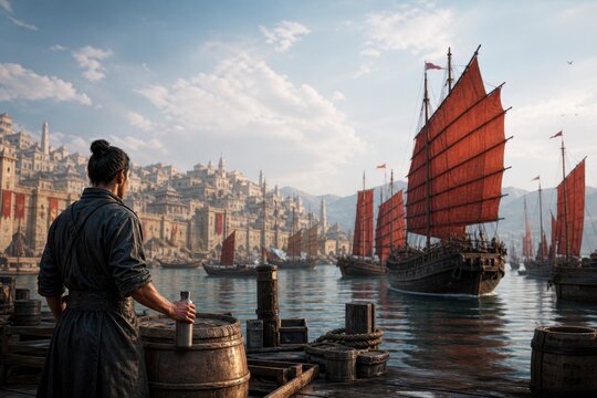 Man watching red sailed boats in a historic waterfront town