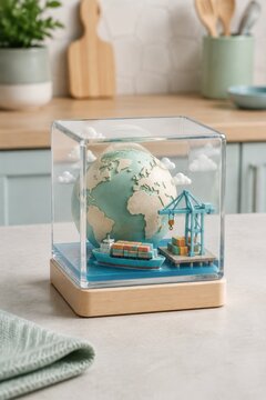 Miniature globe and cargo port inside a glass display cube