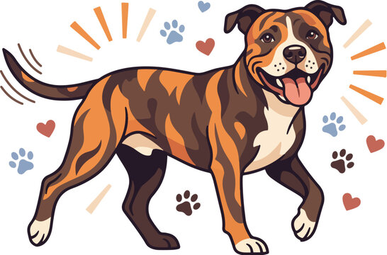 Happy brindle pitbull dog walking joyfully with wagging tail and paw print accents