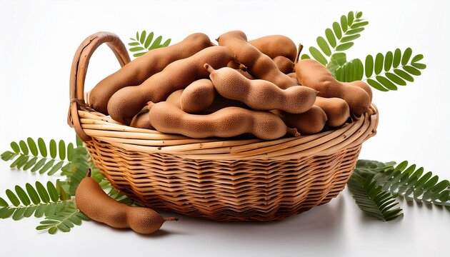 fresh ripe tamarind pods in a wicker basket with green leaves isolated on a white background