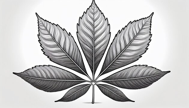 detailed black outline of a horse chestnut leaf with seven leaflets botanical isolated on a white background for nature