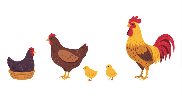 Cute cartoon chicken family set with a colorful rooster, standing hen, yellow chicks, and a hen sitting in a nest, isolated vector illustration