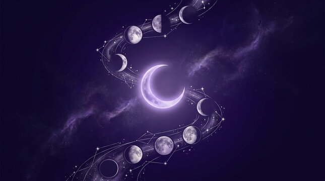 Glowing crescent moon surrounded by detailed lunar phases cycle in a mystical purple cosmic sky, digital illustration with bright sparkling stars and elegant ethereal light streaks.