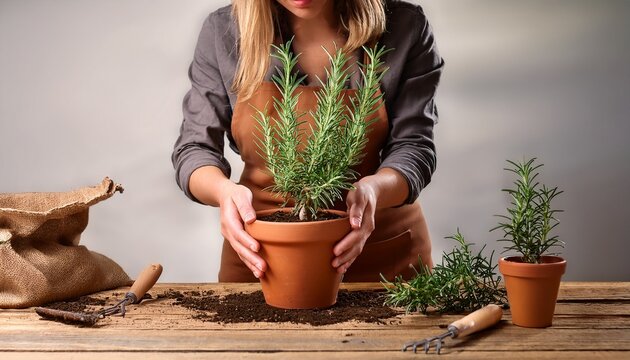 gardener potting a fresh rosemary plant in a terracotta pot on a wooden table perfect for lifestyle blogs garden center websites and organic branding
