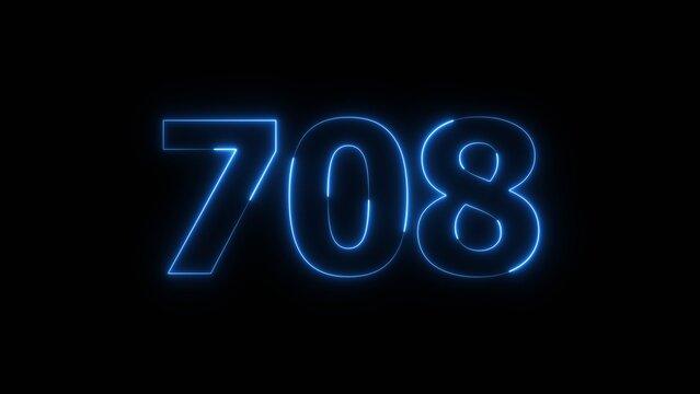 Abstract beautiful blue neon number 708 icon illustration, on black background. Glowing neon countdown number icon concept background.