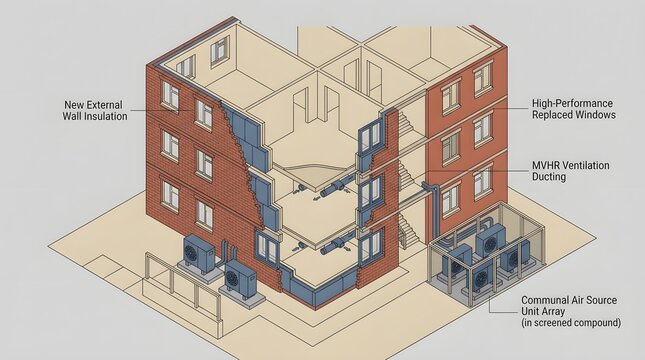 Apartment building energy retrofit scheme with communal heat pump array and wall insulation layers.