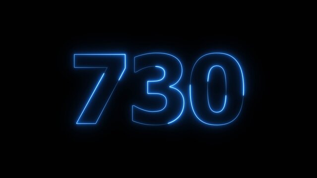 Abstract beautiful blue neon number 730 icon illustration, on black background. Glowing neon countdown number icon concept background.