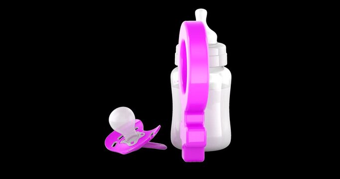 Pink baby bottle pacifier and female symbol rotation animation seamlessly loopable. 3D rendering isolated on transparent background