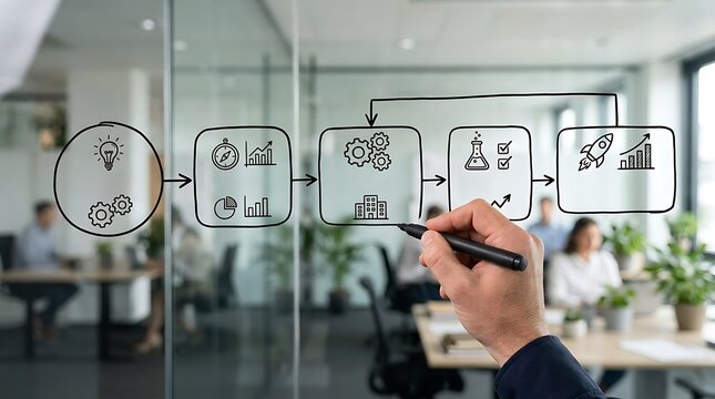 Business person drawing a professional workflow process diagram on a glass wall in an office.