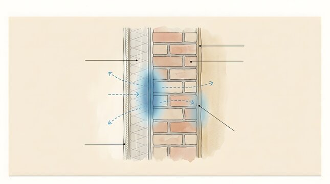 Masonry wall cross section diagram with blue air flow arrows illustrates breathable construction.