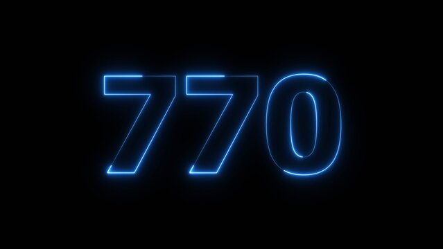 Abstract beautiful blue neon number 770 icon illustration, on black background. Glowing neon countdown number icon concept background.