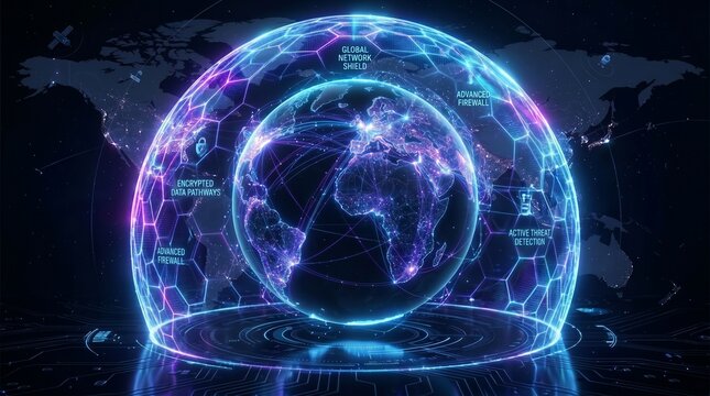 Glowing digital earth protected by a luminous hexagonal network shield representing advanced global cybersecurity infrastructure and secure international data communications systems