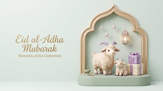 Eid al-Adha celebration with adorable lambs and gifts