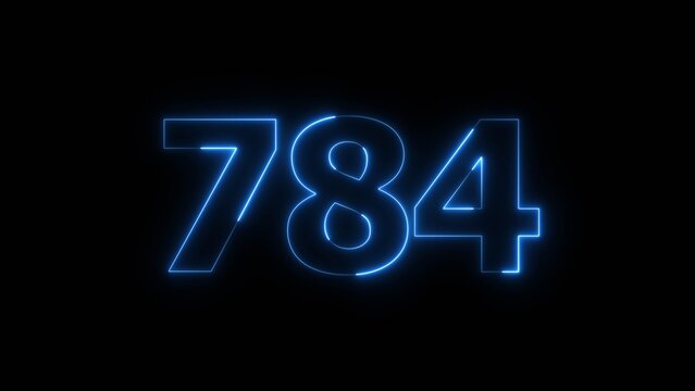 Abstract beautiful blue neon number 784 icon illustration, on black background. Glowing neon countdown number icon concept background.