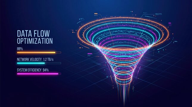 Data flow optimization funnel with abstract digital network connections and information streams