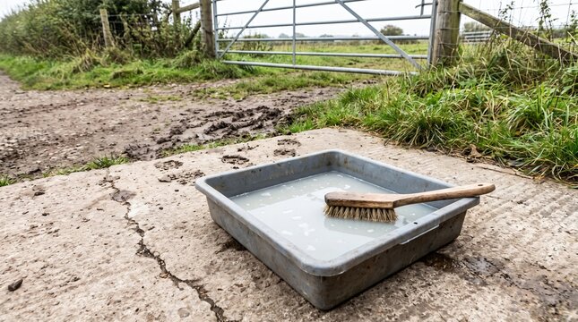 Farm Biosecurity: Disinfectant Boot Dip Tray And Stiff Brush At A Field Gate